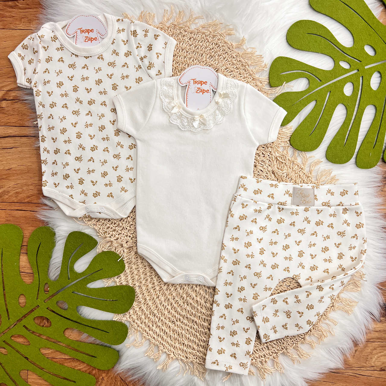 Conj. de Malha 3 peças - Gola Rendada com Laço - Off White